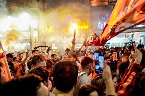 Galatasaray Fans Celebrating The Championship At Taksim