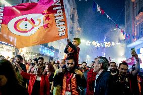 Galatasaray Fans Celebrating The Championship At Taksim