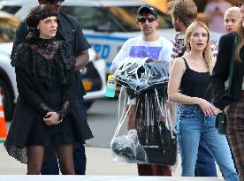 Cara Delevingne And Emma Roberts On Set - NY