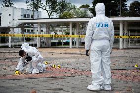 Forensic Police Recovers Evidence After Two Police Officers Hit By Explosive During Clashes In Colombia