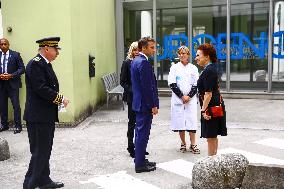 President Macron Arrives To Visit The Victims Of A Knife Attack At CHU - Grenoble