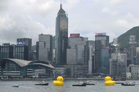 Giant inflatable ducks at Hong Kong harbor