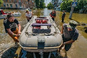 Humanitarian Aid And Rescue Of Citizens Of Kherson Affected By Flood After The Collapse Of Kakhovka Dam, Ukraine