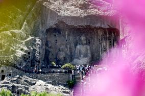 Tourists Visit The Longmen Grottoes in Luoyang