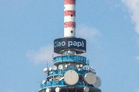 Mediaset Tower With 'Ciao Papa' And 'Thank You Silvio' Written - Milan