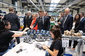 Emmanuel Macron Visits The Shoe Manufacturing ASF - Ardoix