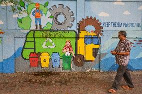 Wall Graffiti To Raise Awareness Against Pollution In Kolkata.