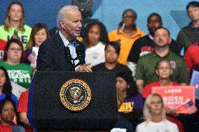 President Of The United States Joe Biden Delivers Remarks At A Political Rally Hosted By Union Members