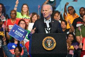 President Of The United States Joe Biden Delivers Remarks At A Political Rally Hosted By Union Members