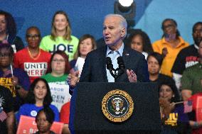 President Of The United States Joe Biden Delivers Remarks At A Political Rally Hosted By Union Members