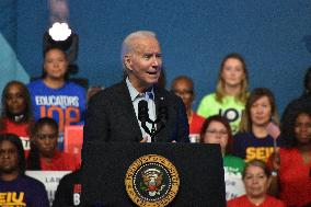 President Of The United States Joe Biden Delivers Remarks At A Political Rally Hosted By Union Members