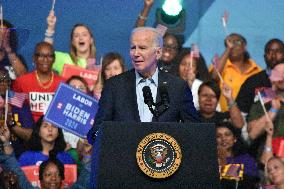 President Of The United States Joe Biden Delivers Remarks At A Political Rally Hosted By Union Members