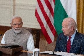 President Joe Biden and Prime Minister Modi of the Republic of India make statements during a meeting with senior officials and