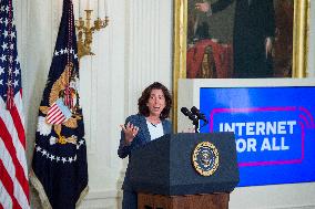 United States President Joe Biden, United States Vice President Kamala Harris and United States Secretary of Commerce Gina Raimo