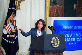 United States President Joe Biden, United States Vice President Kamala Harris and United States Secretary of Commerce Gina Raimo