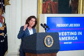 United States President Joe Biden, United States Vice President Kamala Harris and United States Secretary of Commerce Gina Raimo