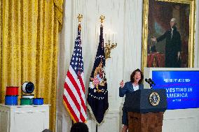 United States President Joe Biden, United States Vice President Kamala Harris and United States Secretary of Commerce Gina Raimo