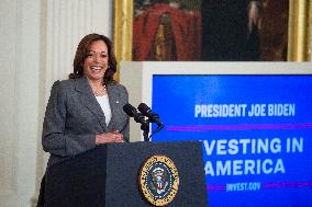 United States President Joe Biden, United States Vice President Kamala Harris and United States Secretary of Commerce Gina Raimo