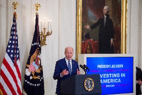 United States President Joe Biden, United States Vice President Kamala Harris and United States Secretary of Commerce Gina Raimo