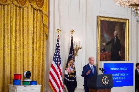 United States President Joe Biden, United States Vice President Kamala Harris and United States Secretary of Commerce Gina Raimo