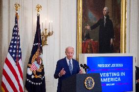 United States President Joe Biden, United States Vice President Kamala Harris and United States Secretary of Commerce Gina Raimo