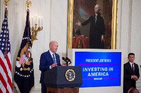 United States President Joe Biden, United States Vice President Kamala Harris and United States Secretary of Commerce Gina Raimo