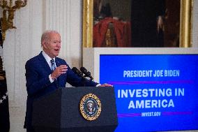 United States President Joe Biden, United States Vice President Kamala Harris and United States Secretary of Commerce Gina Raimo