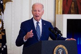 United States President Joe Biden, United States Vice President Kamala Harris and United States Secretary of Commerce Gina Raimo