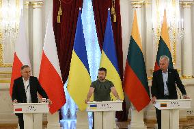 Polish,Lithuanian And Ukrainian Presidents Give A Joint Press-conference In Kyiv, Amid Russia's Invasion Of Ukraine.