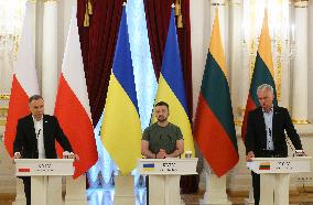 Polish,Lithuanian And Ukrainian Presidents Give A Joint Press-conference In Kyiv, Amid Russia's Invasion Of Ukraine.