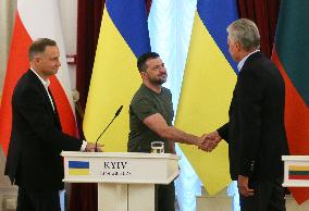 Polish,Lithuanian And Ukrainian Presidents Give A Joint Press-conference In Kyiv, Amid Russia's Invasion Of Ukraine.