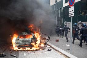 Protesters clash with police after the commemoration march for Nahel - Nanterre