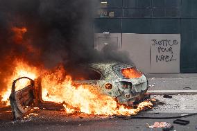 Protesters clash with police after the commemoration march for Nahel - Nanterre