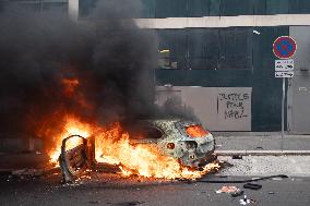 Protesters clash with police after the commemoration march for Nahel - Nanterre