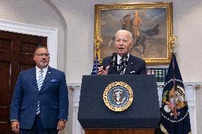 US President Joe Biden delivers remarks in the Roosevelt Room of the White House