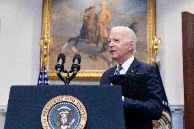 US President Joe Biden delivers remarks in the Roosevelt Room of the White House