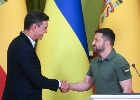 Spanish PM And Ukrainian President Give A Joint Press-conference In Kyiv, Amid Russia's Invasion Of Ukraine.