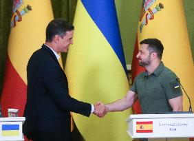 Spanish PM And Ukrainian President Give A Joint Press-conference In Kyiv, Amid Russia's Invasion Of Ukraine.