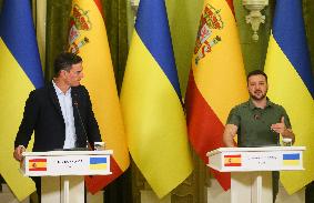 Spanish PM And Ukrainian President Give A Joint Press-conference In Kyiv, Amid Russia's Invasion Of Ukraine.