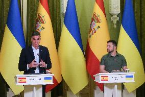 Spanish PM And Ukrainian President Give A Joint Press-conference In Kyiv, Amid Russia's Invasion Of Ukraine.