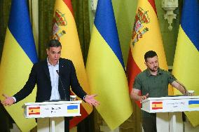 Spanish PM And Ukrainian President Give A Joint Press-conference In Kyiv, Amid Russia's Invasion Of Ukraine.