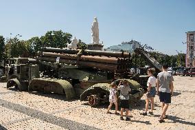 Destroyed Russian Military Equipment Displayed For Ukrainians To See At Mykhailivska Square In Downtown Kyiv