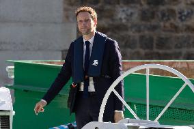 First truss delivered to Notre Dame by a barge cruises along the Seine - Paris