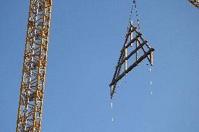 First truss delivered to Notre Dame by a barge cruises along the Seine - Paris