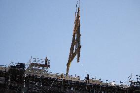 First truss delivered to Notre Dame by a barge cruises along the Seine - Paris