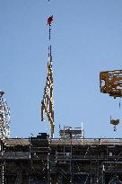 First truss delivered to Notre Dame by a barge cruises along the Seine - Paris