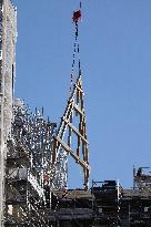 First truss delivered to Notre Dame by a barge cruises along the Seine - Paris