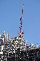 First truss delivered to Notre Dame by a barge cruises along the Seine - Paris