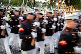 US Marine Corps sunset parade at the Lincoln Memorial