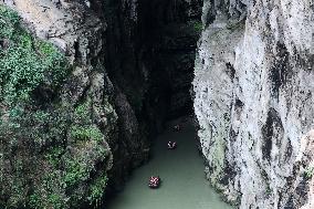 Tourists Cross The Hidden River By Boat To Escape The Heat in Chongqing